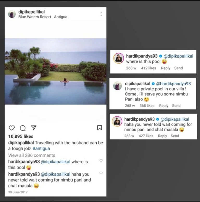 Dipika Pallikal and Hardik Pandya Instagram conversation